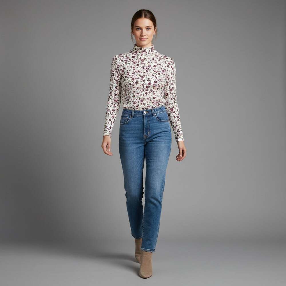 Vintage Bobbie Brooks Ditsy Floral Mock Neck Knit Top Size L Long Sleeve 90s
